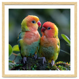 Lovebirds Pair Perched On Mossy Branch Outdoors thumbnail