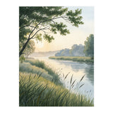 Serene River Sunrise Watercolor Painting with Meadow Grasses and Warm Golden Atmosphere Landscape (Print Only) thumbnail