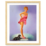 Pinup Girl On A Scale With Her Little Black Dog Behind thumbnail