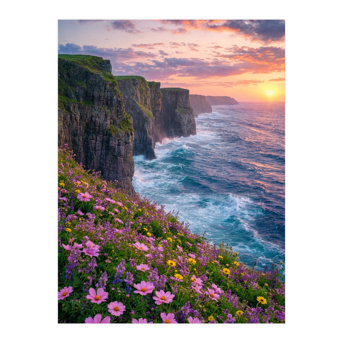 Coastal Sunset Wildflowers: Dramatic Ocean Cliffs and Floral Meadow (Print Only)