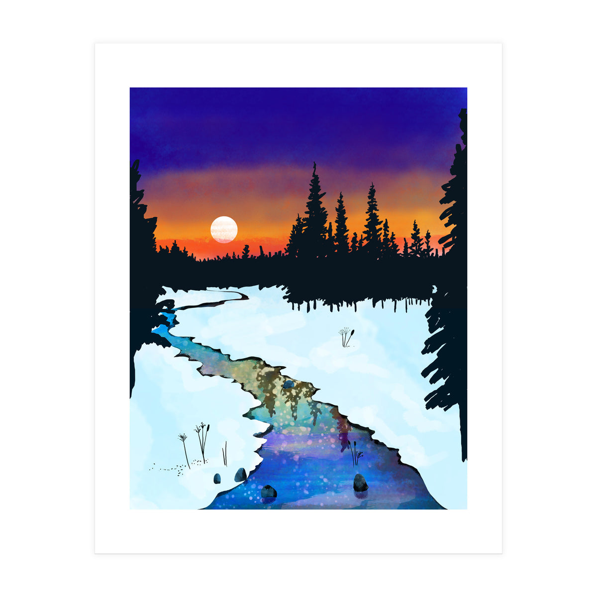 Purple Midnight, Snow River Full Moon Nature Landscape Painting, Winter Travel Adventure Places (Print Only)