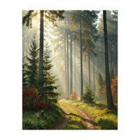 The Golden Path: Ethereal Sunbeams Piercing Through a Misty Evergreen Forest at Dawn (Print Only)