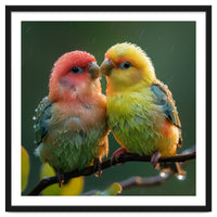 Two Lovebirds Perched On A Branch In Rain