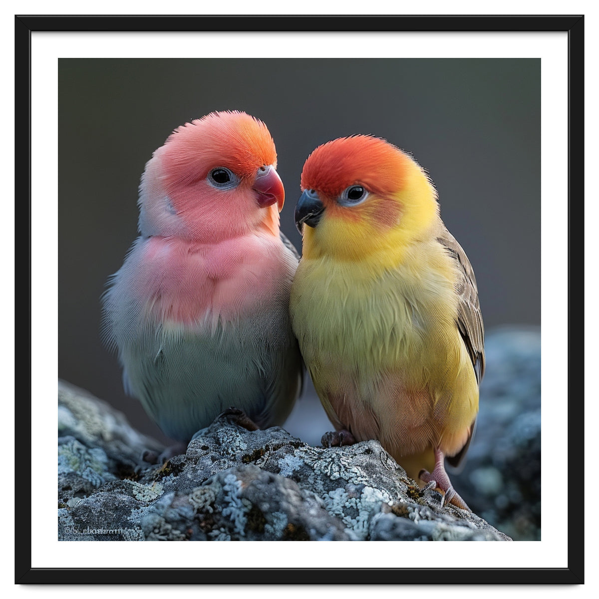 Pair Of Lovebirds Sitting On Rocks
