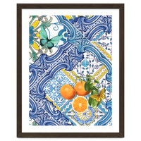 Mediterranean blue tiles, butterflies and citrus fruit