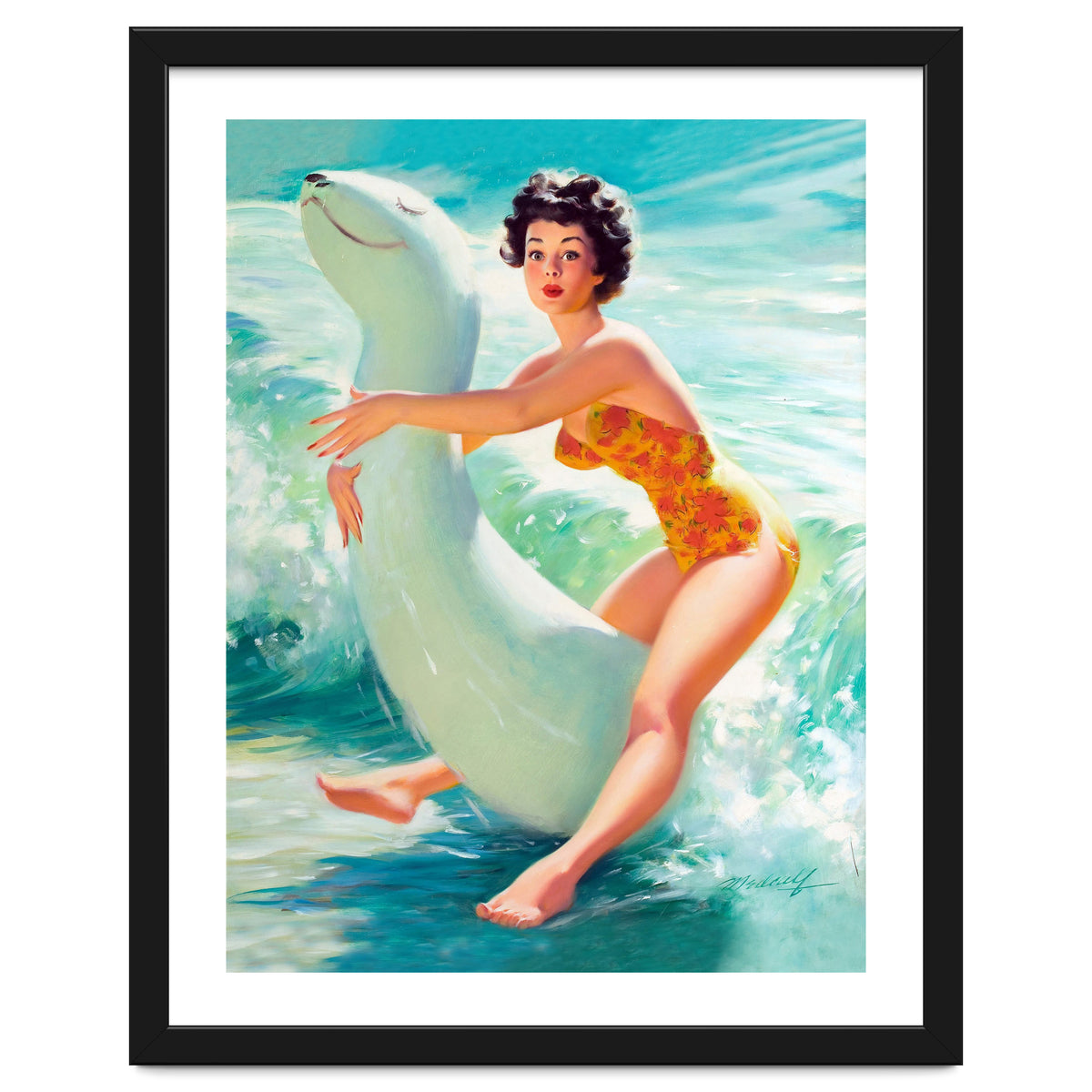 Happy Pinup Girl On The Beach Hugging Her Rubber Toy