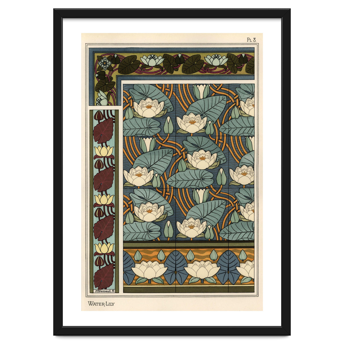 The water lily, Nelumbo lutea, in wallpaper and tile patterns. Lithograph by Verneuil.