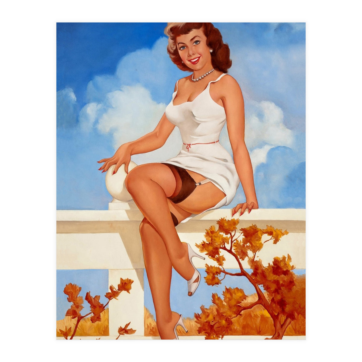 Beautiful Pinup Girl Posing On A Fence (Print Only)