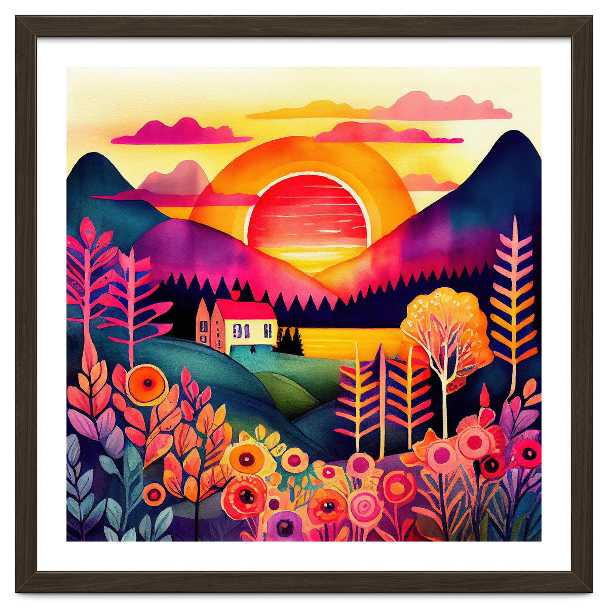 Folk Sunset Over Mountain Lake