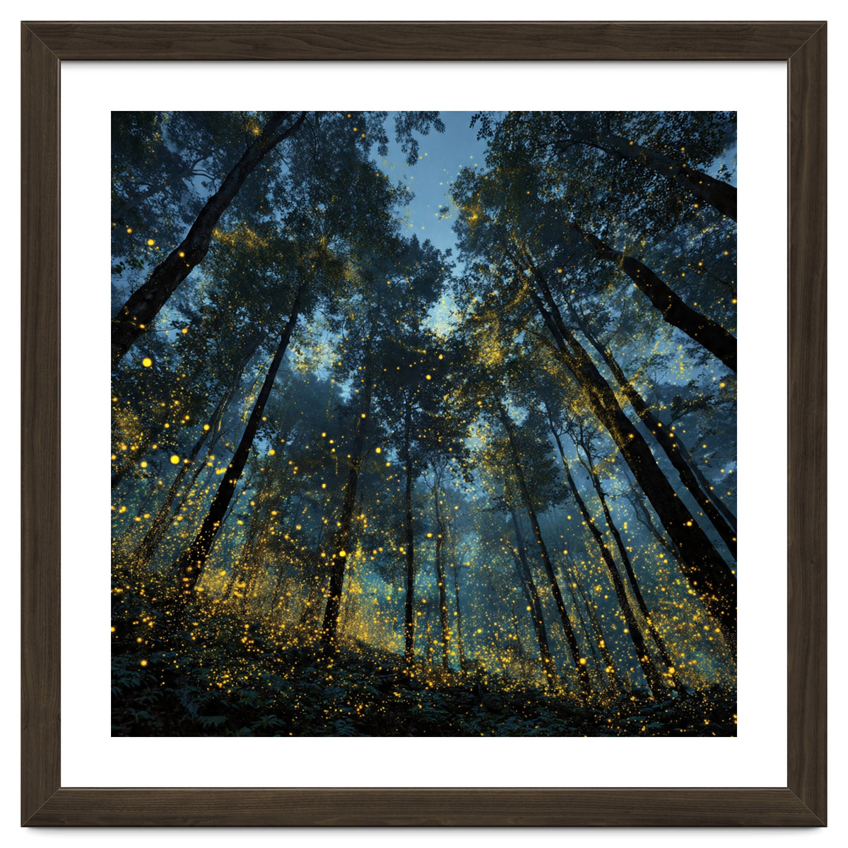 Celestial Forest Canopy with Swirling Golden Fireflies and Deep Twilight Blue Sky Digital Art