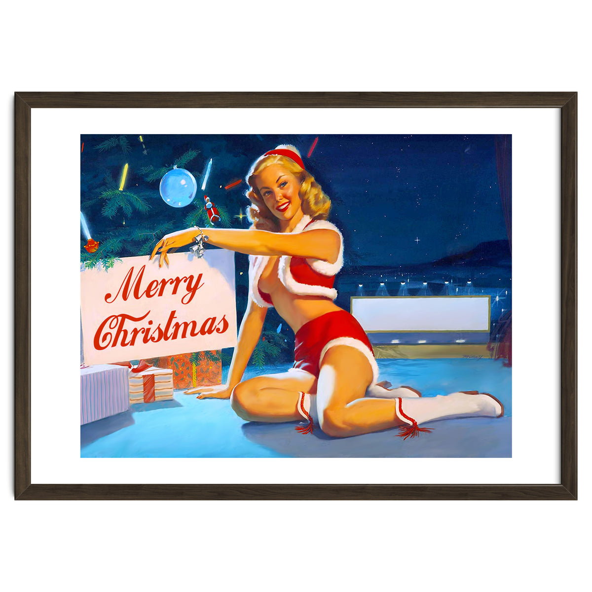 Pinup Girl In Santa Costume With Marry Christmas Sign