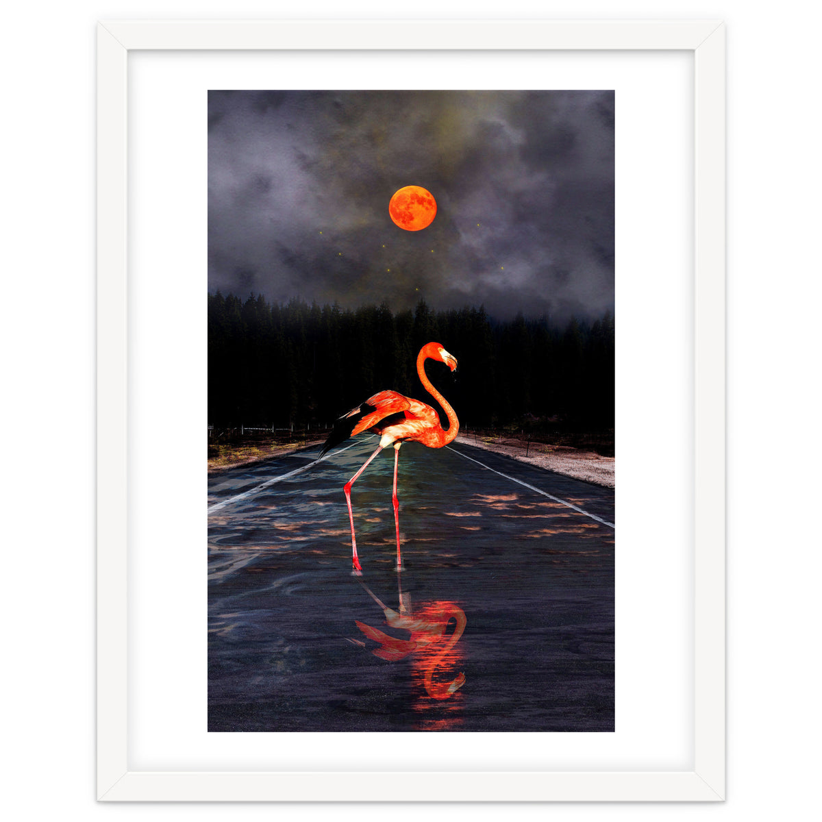 Flamingo and Red Moon