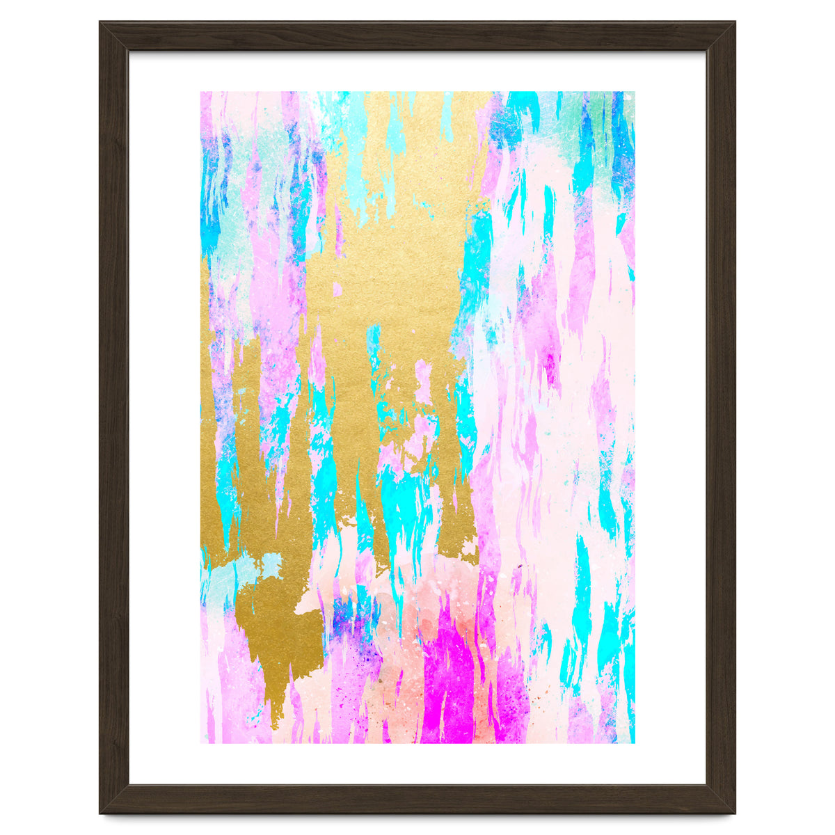 Meraki, Abstract Gold Painting, Colorful Graphic Design, Golden Pink Blue Eclectic Luxe Illustration
