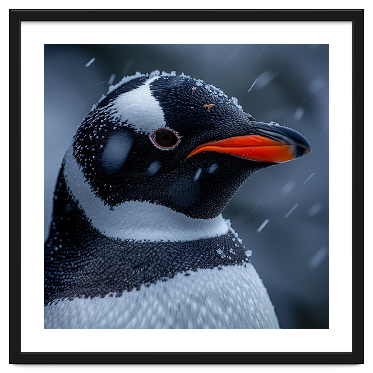 Close Up Penguin Portrait In Snowy Weather