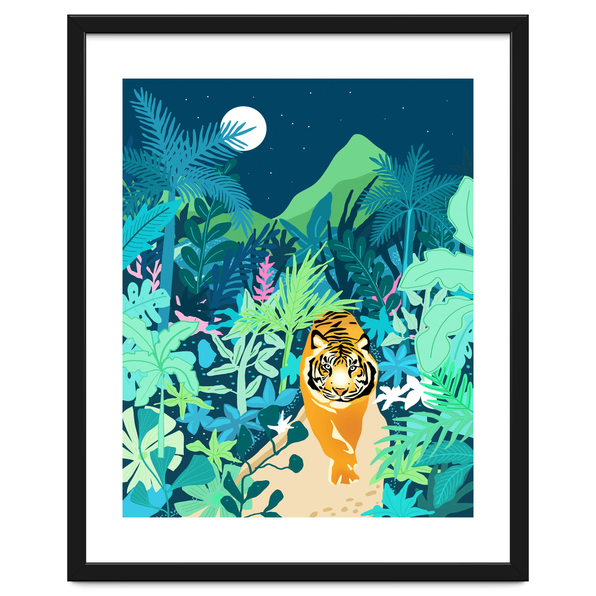 Tiger Walk, Bohemian Jungle Maximalist Nature, Botanical Forest Plants Moon Wild Animals