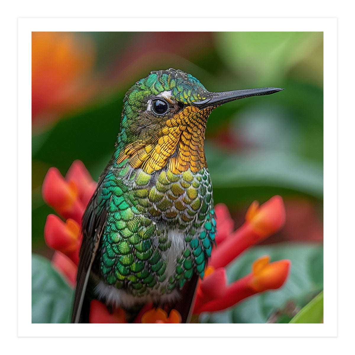 Close Up Of A Hummingbird On Red Flowers (Print Only)