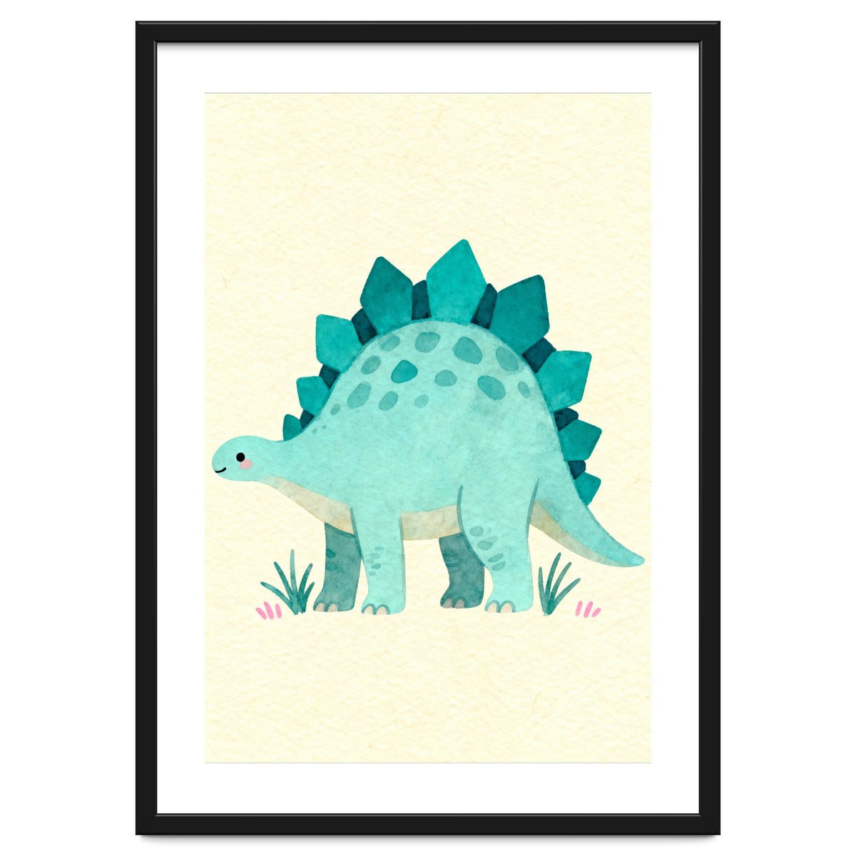 Teal Stegosaurus Watercolor Art, Cute Dinosaur Nursery Print, Whimsical Dino Illustration