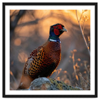 Pheasant Bird Standing On Rock Sunrise Light