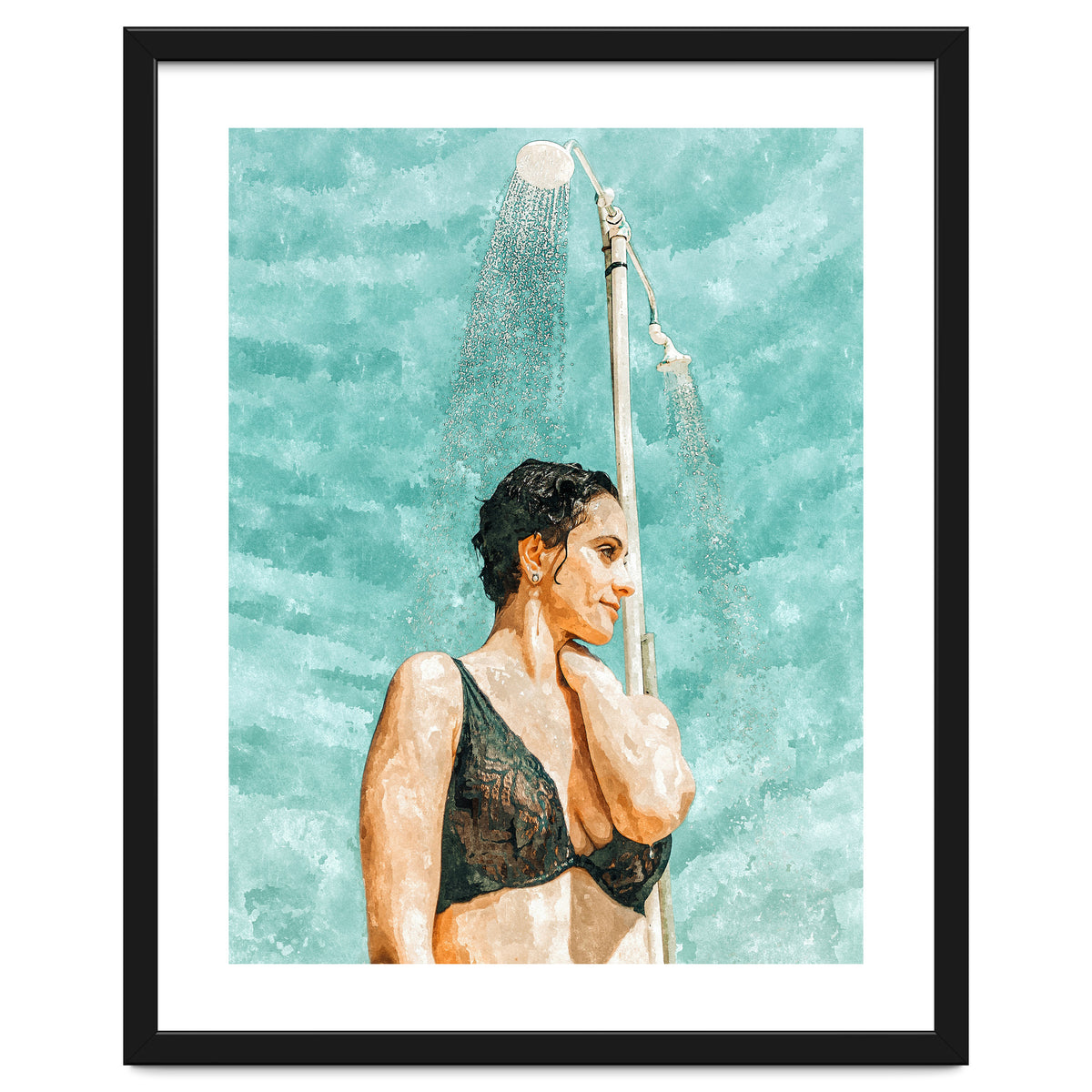 Bathe | Woman Pool Shower | Summer Swim Watercolor Painting | Brunette Bikini Boho Fashion