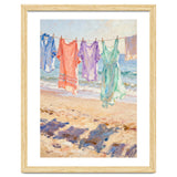 Laundry Drying by the Sea, Colorful Clothes on a Beach Clothesline, Coastal Summer Pastel Painting, Relaxing Ocean Shore Art Print thumbnail