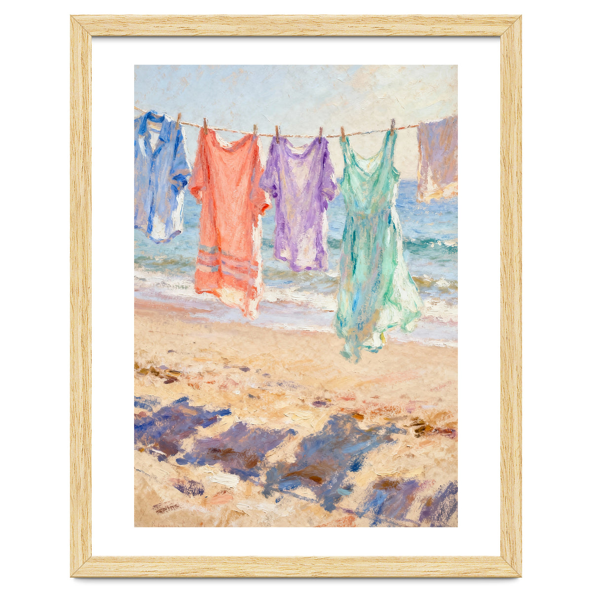 Laundry Drying by the Sea, Colorful Clothes on a Beach Clothesline, Coastal Summer Pastel Painting, Relaxing Ocean Shore Art Print