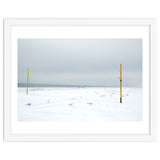 Seagulls in between the volleyball poles in winter snow beach thumbnail
