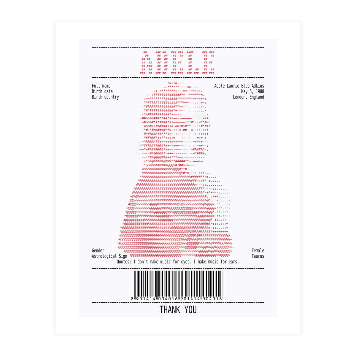 Receipt Art Adele Red (Print Only)