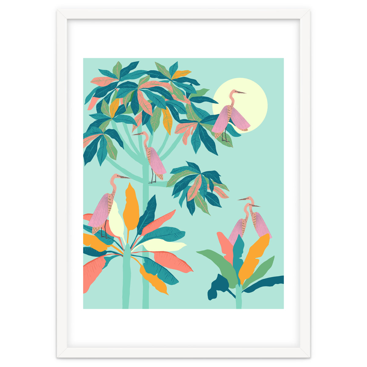 Drawn To The Moon, Stork Heron Flamingo Birds, Tropical Pastel Wildlife Forest Nature, Animals Jungle Bohemian Eclectic Fly