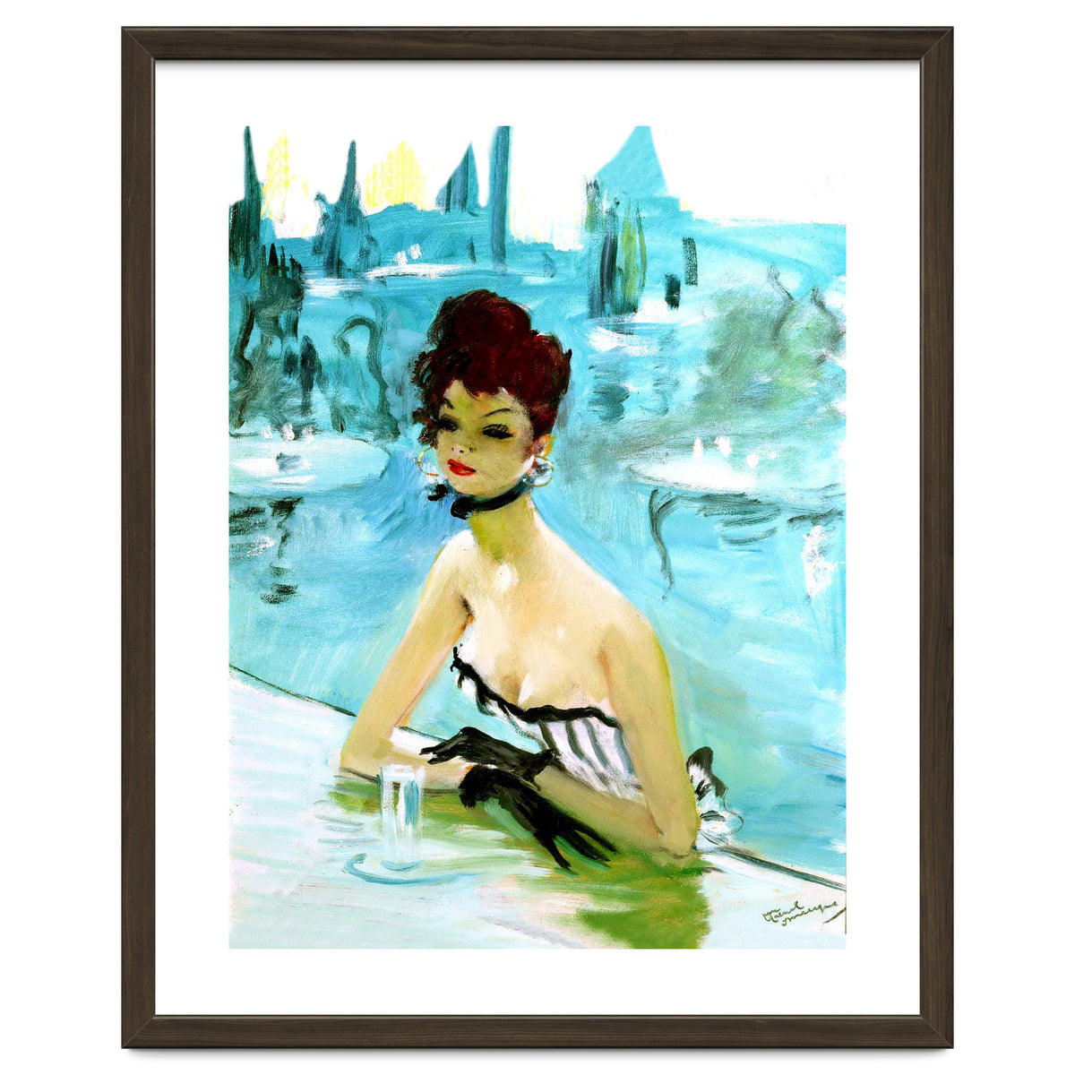 Pinup Girl In Cafe, Watercolor Painting