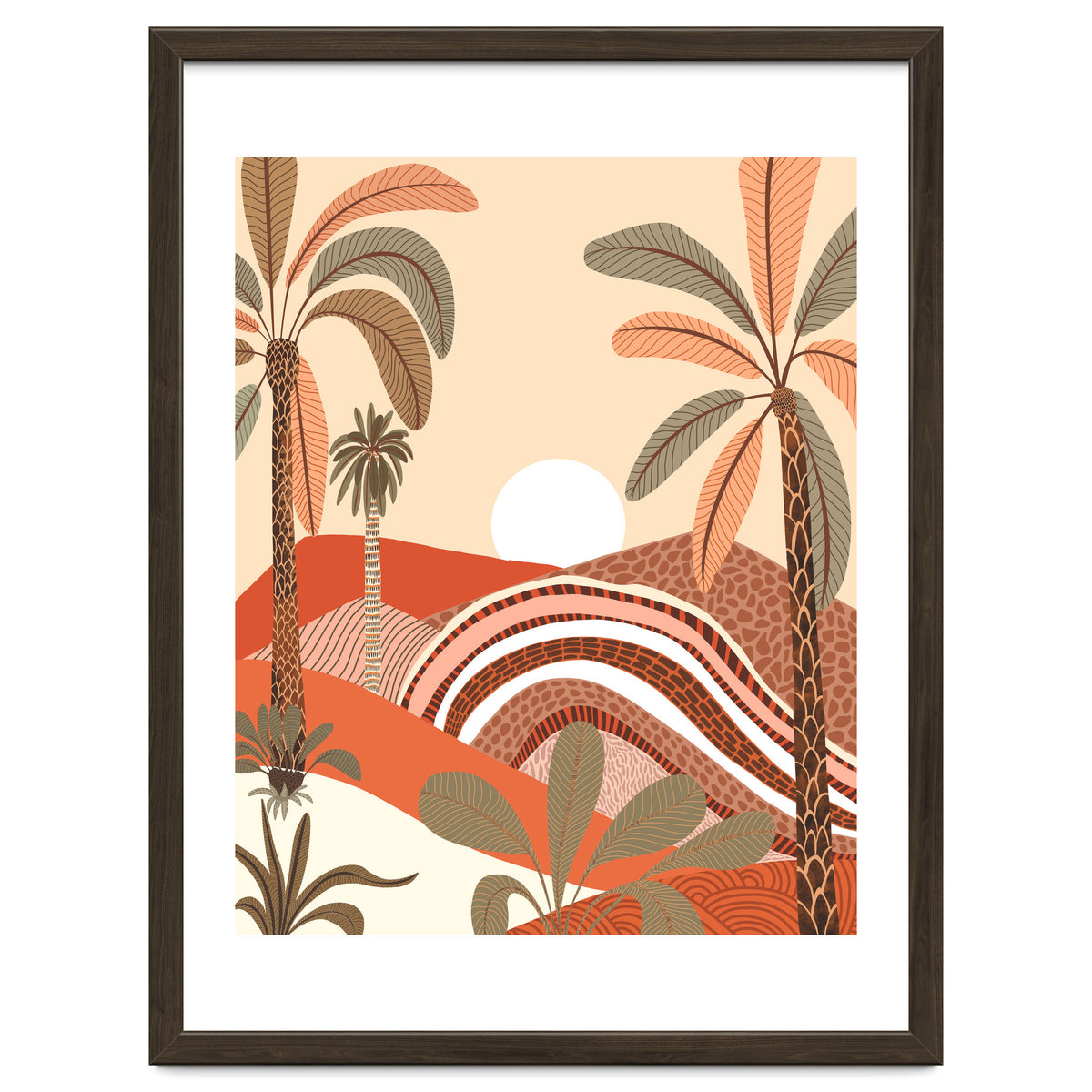 Epiphany, Pastel Rustic Sunrise Sunset, Bohemian Nature Landscape Illustration, Mountains Adventure Palm Trees