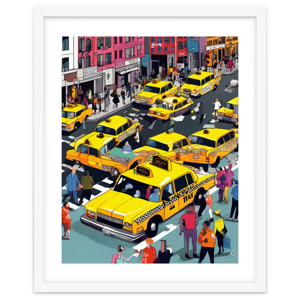 New York Minute, Yellow Taxi Cab Manhattan Downtown Busy Street, Traffic People Buildings Times Square Eclectic Road Architecture