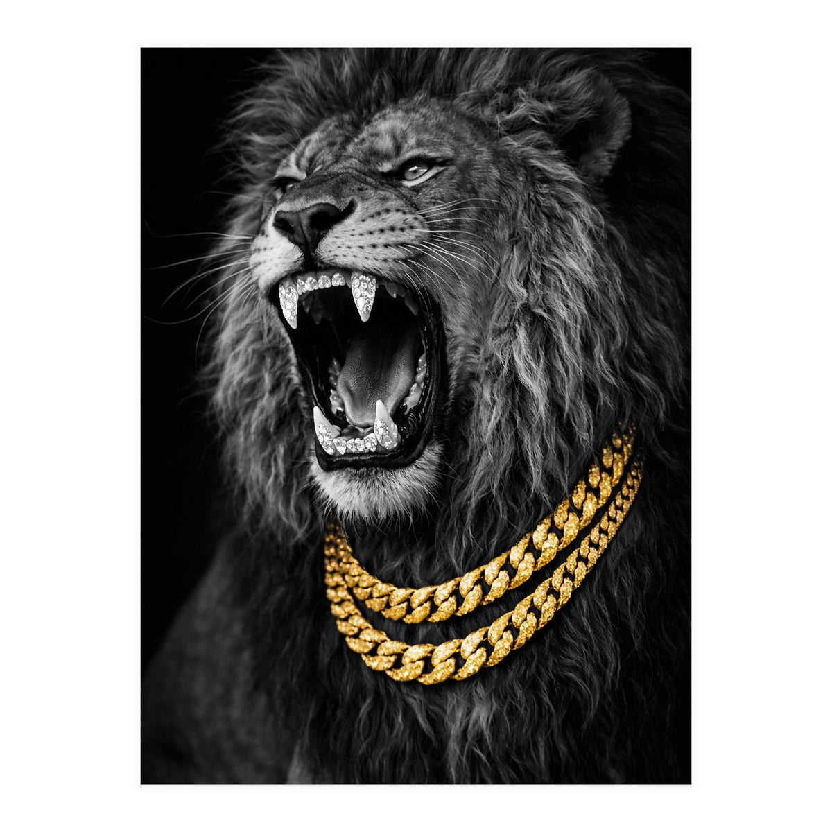 Bejweled hyper-realistic lion photography,diamond fangs portrait (Print Only)