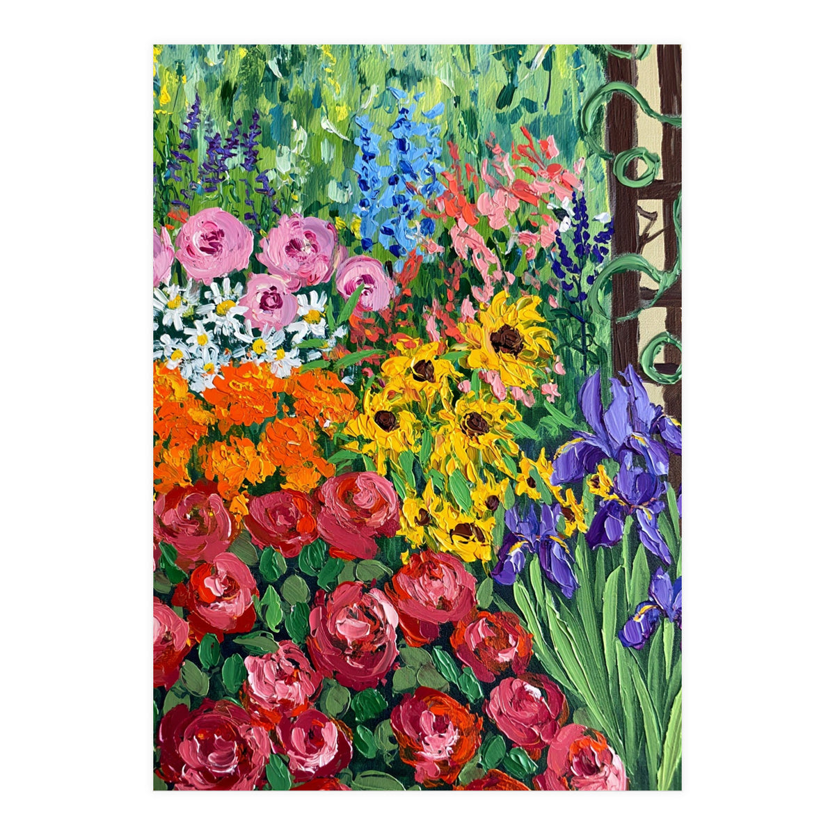 Vibrant Summer Cottage Garden Oil Painting (Print Only)