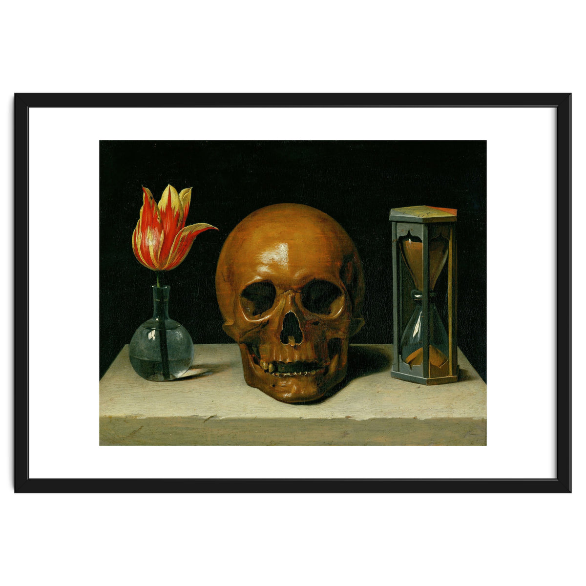 Vanitas, allegory of fleeting time with skull and hour-glass. Oil on canvas.