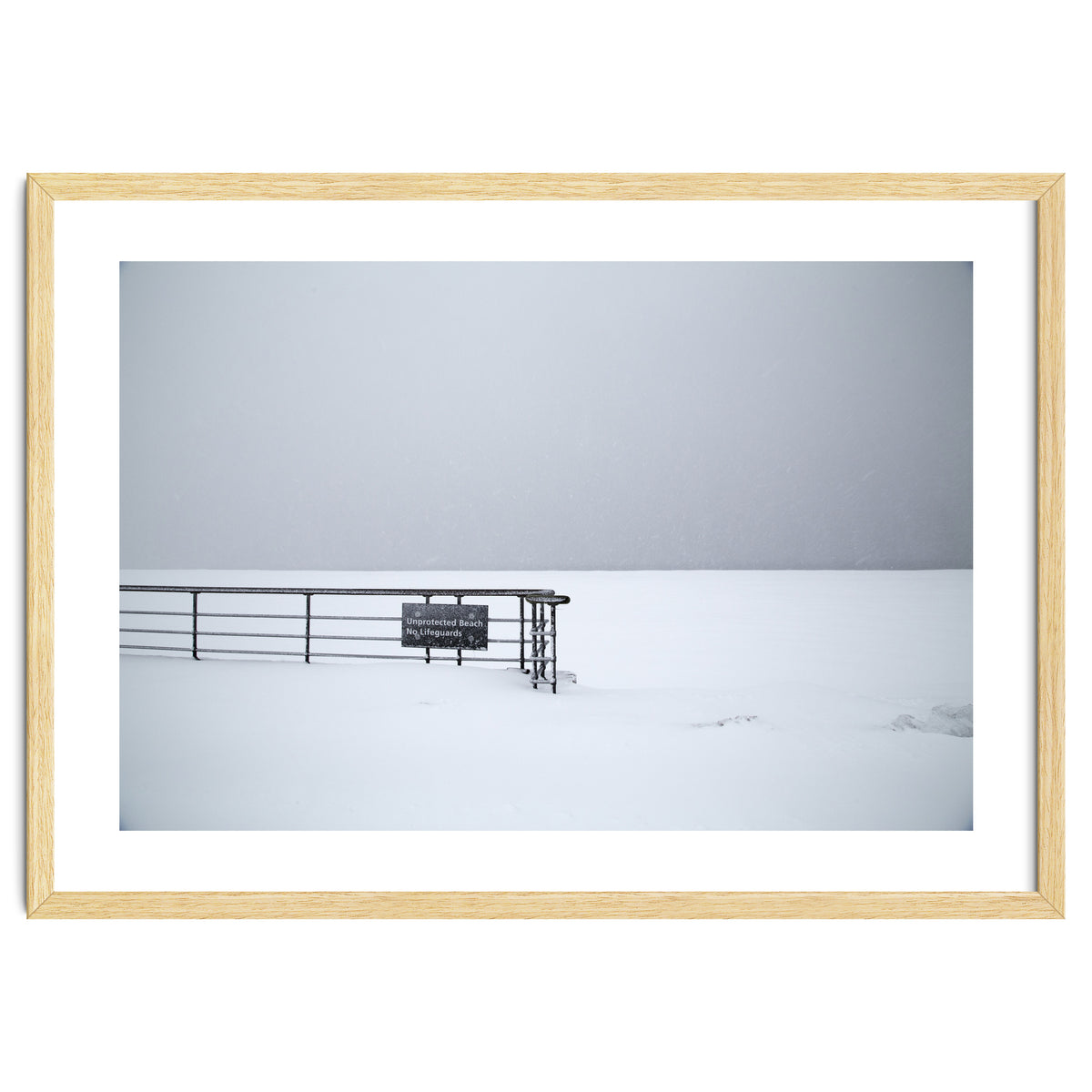 No lifeguards on the sign board in the winter snow beach