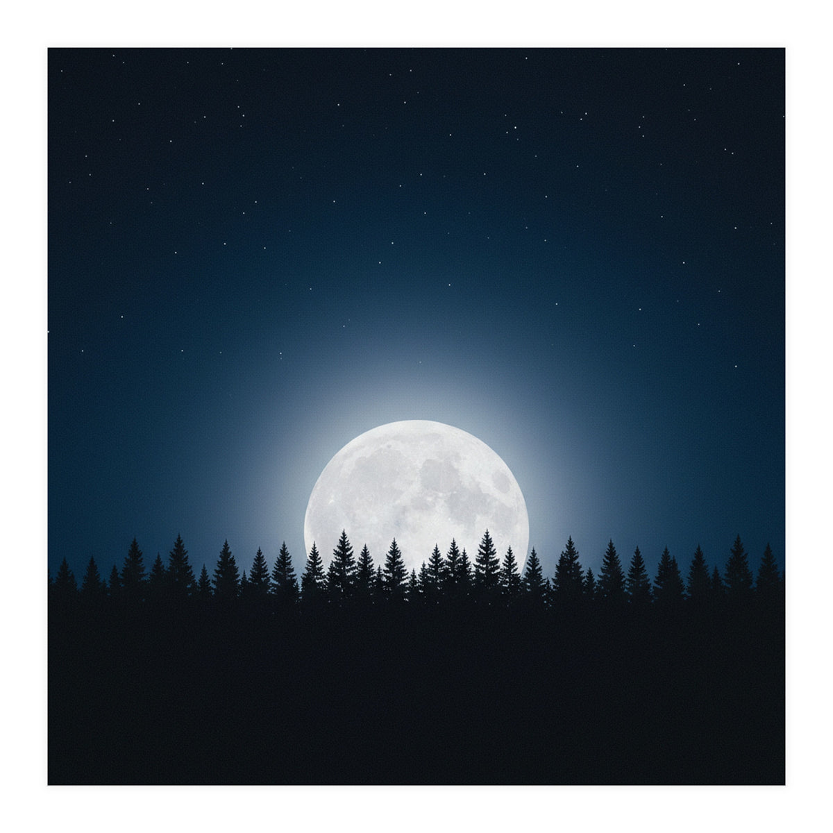 Midnight Serenity: Full Moon Over Forest Silhouettes (Print Only)