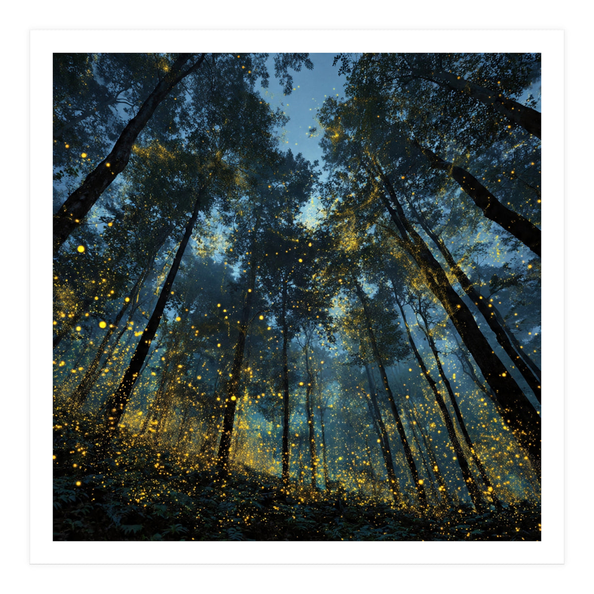 Celestial Forest Canopy with Swirling Golden Fireflies and Deep Twilight Blue Sky Digital Art (Print Only)