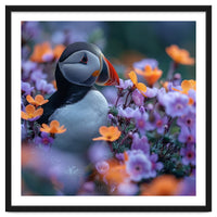 Puffin Bird Among Vibrant Purple And Orange Flowers