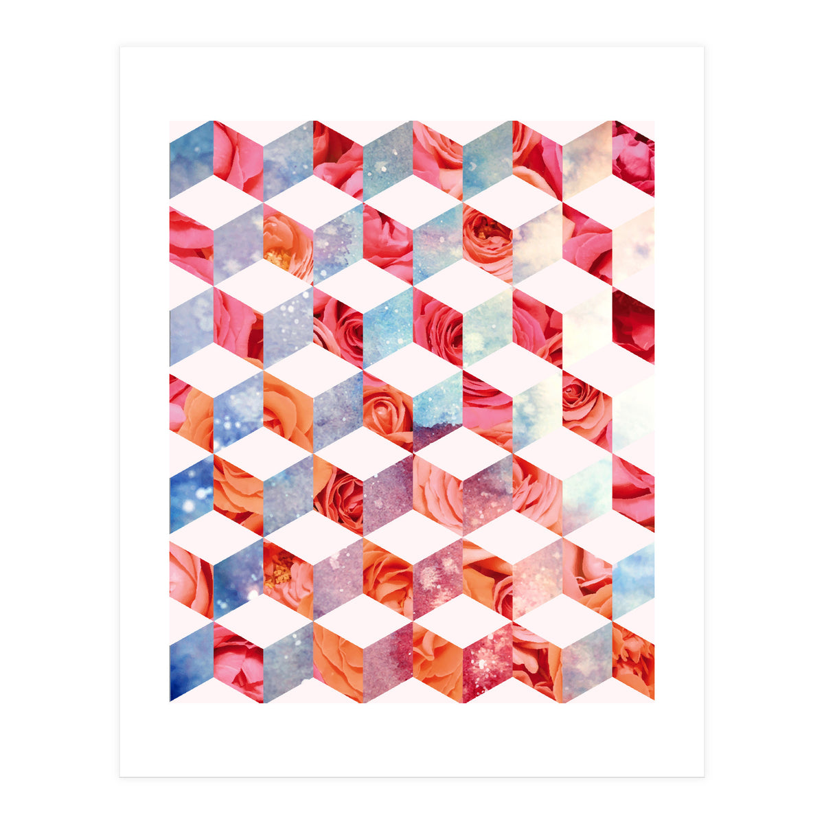 Eve's Sweet Garden of Roses, Geometrical Eclectic Shapes Digital Collage, Surrealism Floral illusion (Print Only)