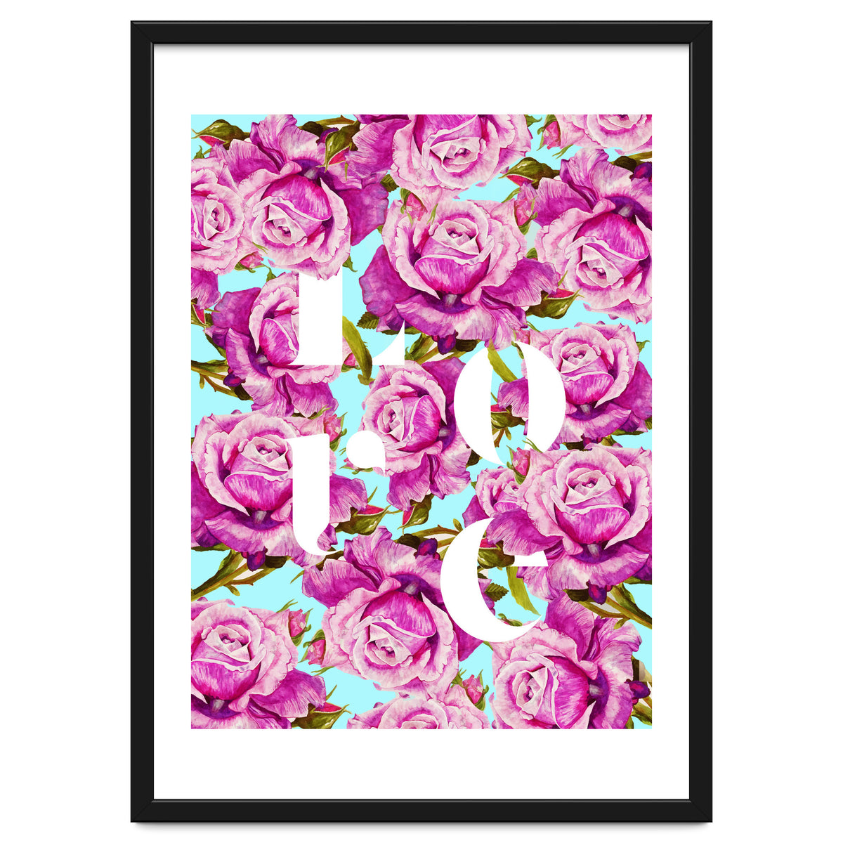 Love, Floral Typography Valentine's Graphic Design, Eclectic Modern Boho Botanical Rose Illustration