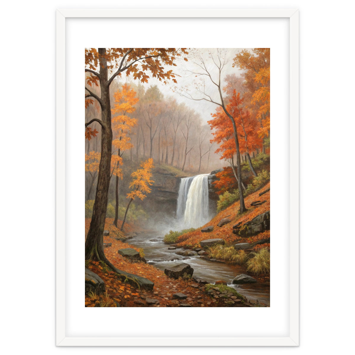 Serene Autumn Waterfall in Misty Forest