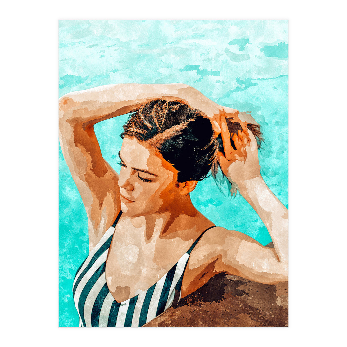 Simulacrum | Modern Bohemian Woman Swim | Summer Swimming Pool Fashion Watercolor Painting (Print Only)