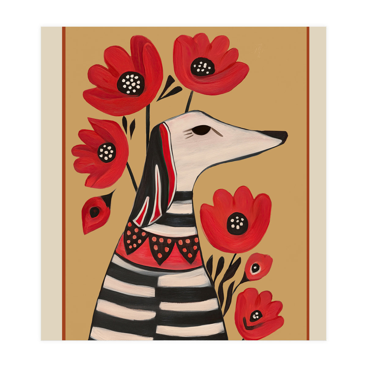 Striped Dog With Poppies (Print Only)