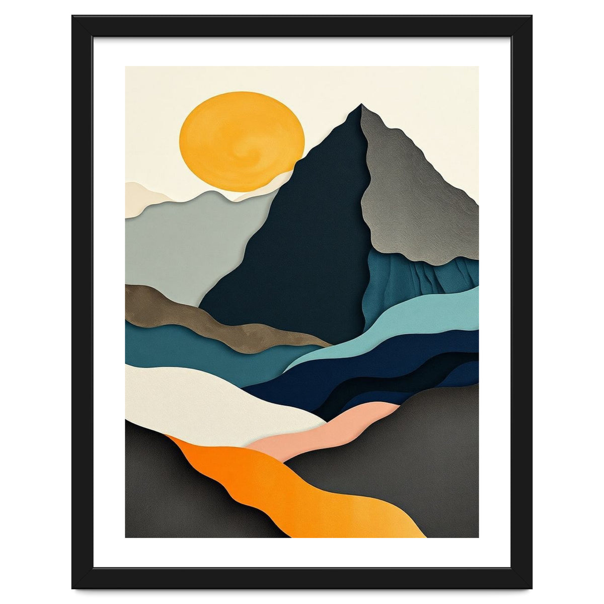 Minimalist Layered Mountain Landscape with Golden Sun