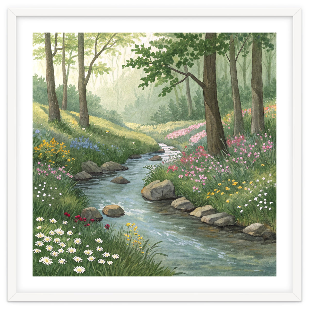 Vibrant Forest Stream Watercolor Painting