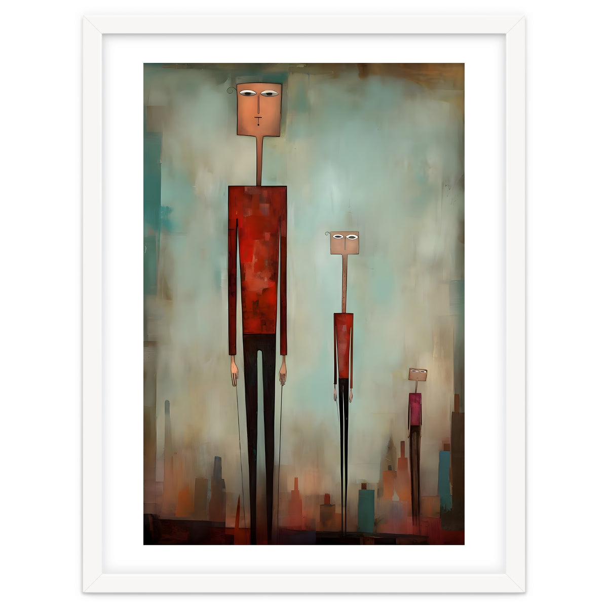 CITY HEIGHTS, three human-like forms of differing heights loom over the city below.