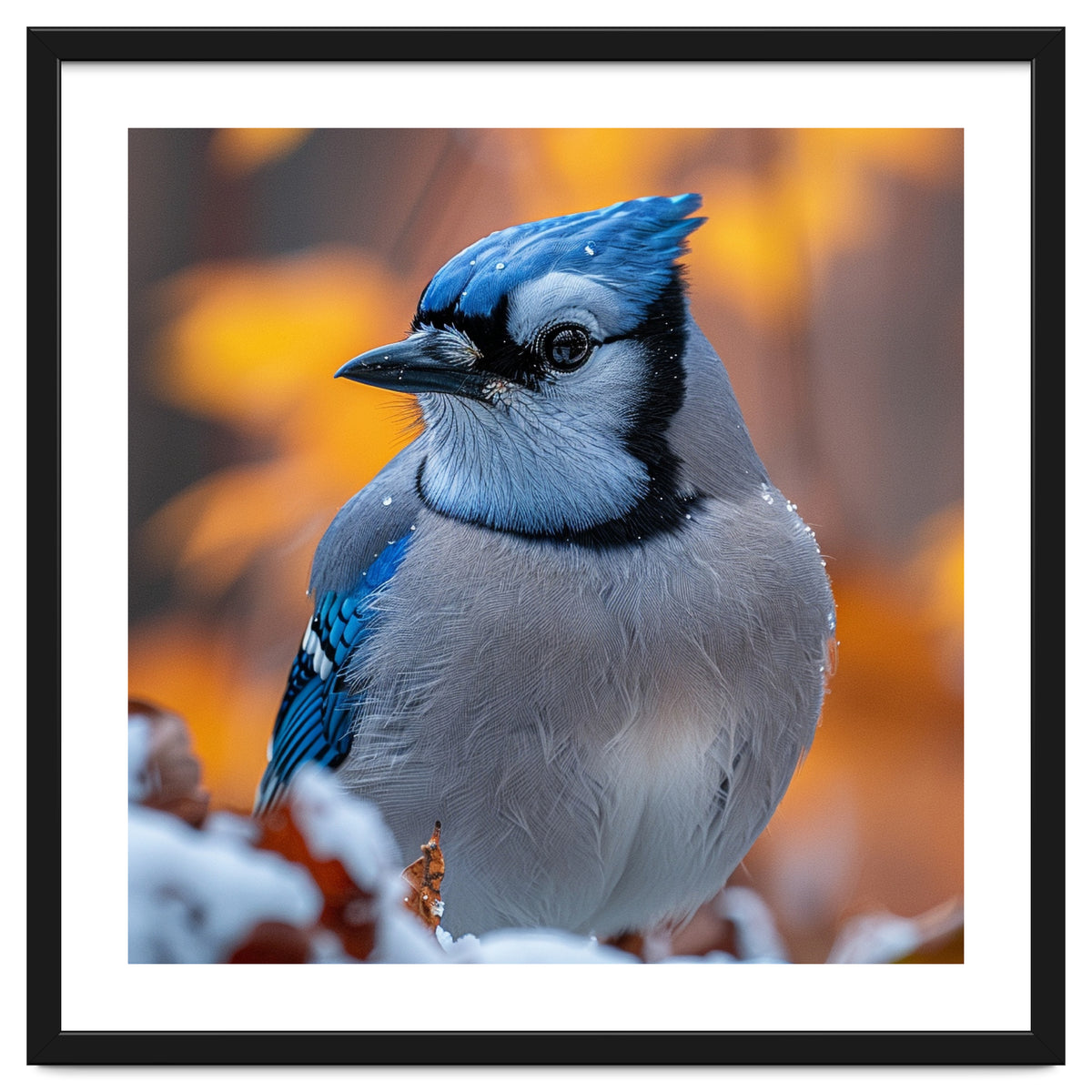 Blue Jay Bird In Winter Snowfall And Leaves