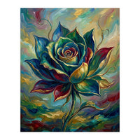 Enchanted Teal and Gold Rose Impasto Oil Painting (Print Only)