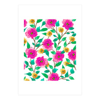 Floral Forever, Colorful Summer Garden Botanical Illustration, Pink Boho Vibrant Painting (Print Only)