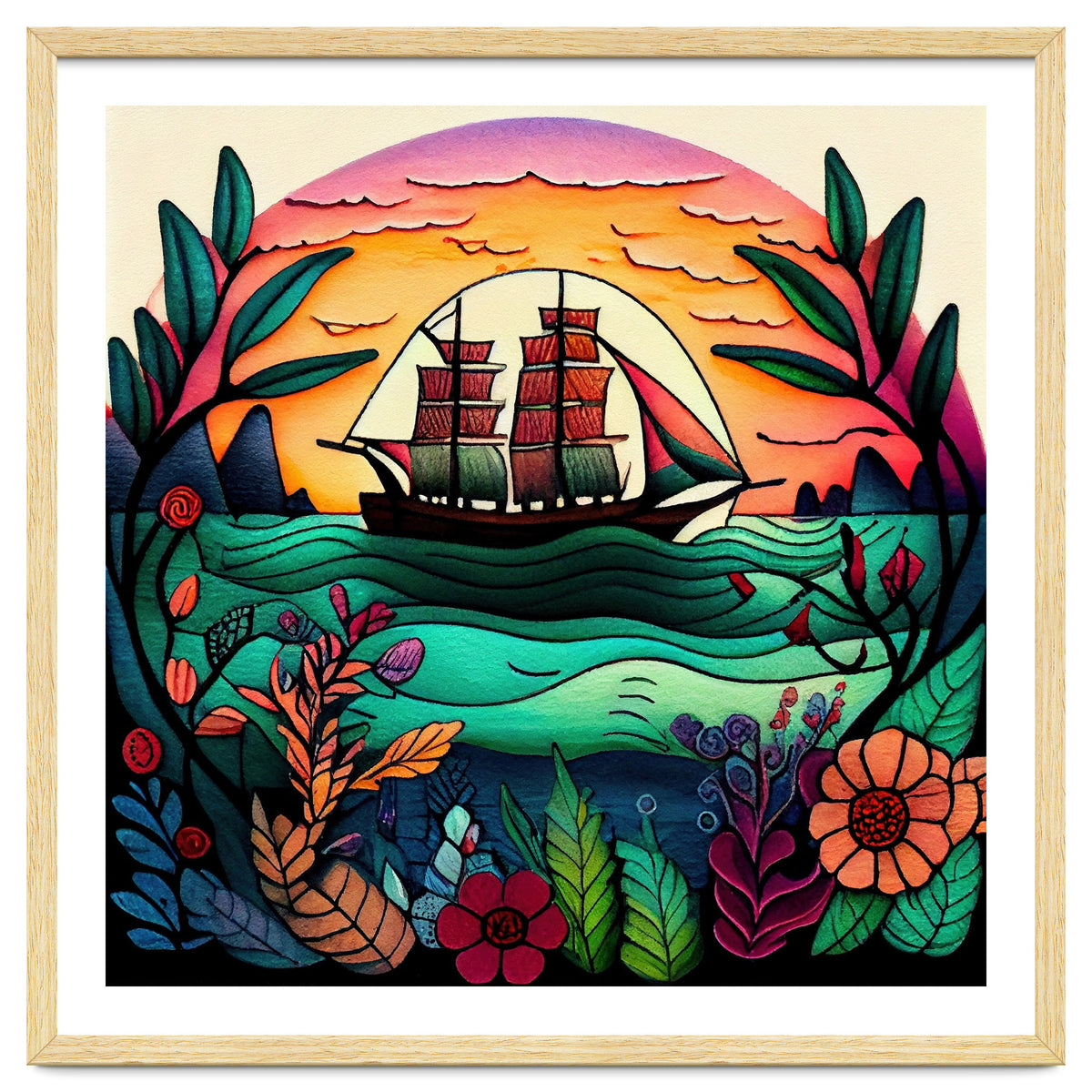 Folk Sunset Sailing Ship